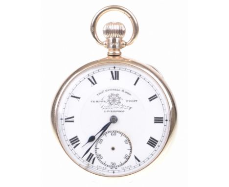 A 9ct gold keyless wind pocket watchThe white enamel dial with black Roman numerals signed Thos Russell & Sons, Liverpool, ma