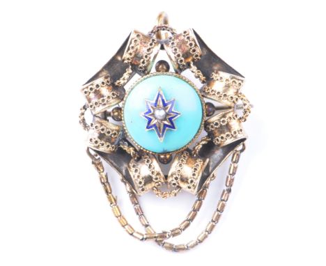 A Victorian turquoise, pearl and enamel sentimental brooch/pendantThe central seed pearl within a black enamel star set to a 