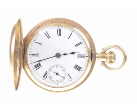 An 18ct gold half hunter key wind pocket watchThe white enamel dial with black Roman numerals, subsidiary seconds hand and ou