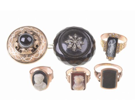 A collection of Victorian jewellery To include; a banded agate and enamel mourning brooch, of circular form with open work de