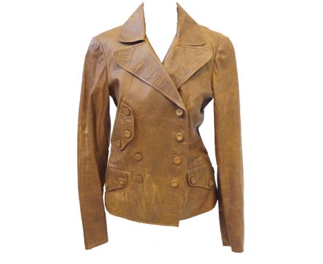 Alexander McQueen: A ladies tan leather jacketDesigned with a 'worn' effect, double breasted, with leather covered button det