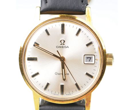 Omega: A manual wind Geneve wristwatchThe circular silver tone dial, with applied baton markers and outer minute dial, date a