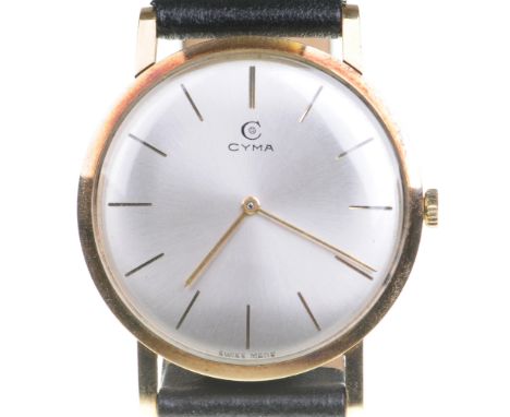 Cyma: A 9ct gold manual wind wristwatchThe circular silver tone dial, with applied gold tone hourly baton markers, with gold 