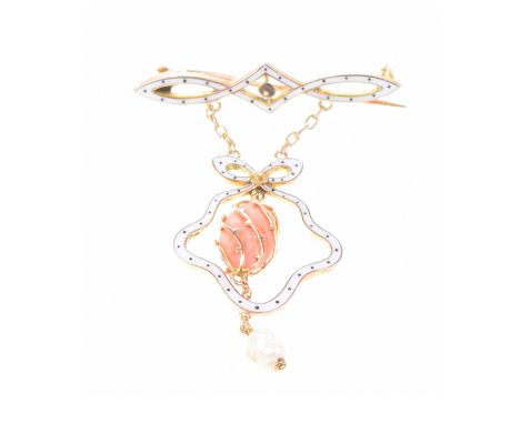 An early 20th century enamel, coral and pearl broochThe openwork bar, suspending a piece of blush coral, held within a twist 