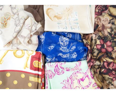 A collection of vintage scarvesEach of varying size and design, most with vibrant details (5)