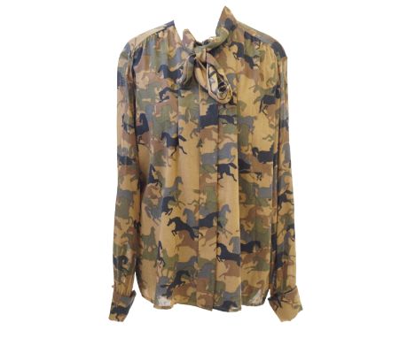 Hermes: A wool horse print blouseIn browns, khaki, black and grey, printed with galloping horses, the cuffs with circular met