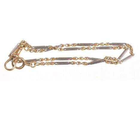 An 18ct bi-coloured gold watch chainWith alternating yellow gold twist links a white gold baton links, with a lobster clasp a