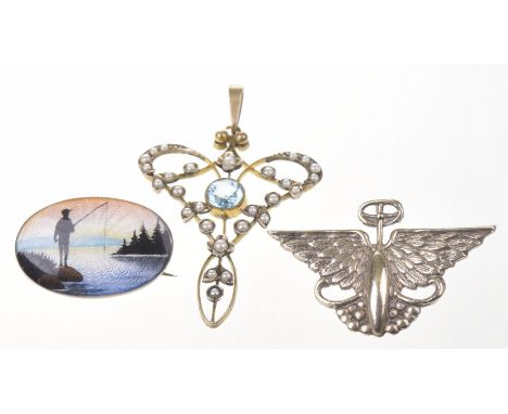 A Norwegian silver and enamel brooch Of oval form, depicting a figure fishing, by Nils Erik Elvik, together with, an Edwardia