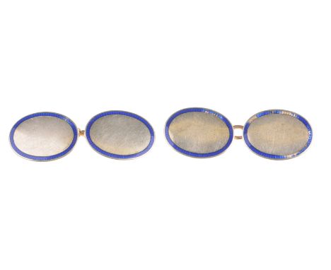 A pair of 9ct gold and enamel cufflinksOf oval form, with a blue enamel border a.f., joined by chain links, stamped 9ct, leng