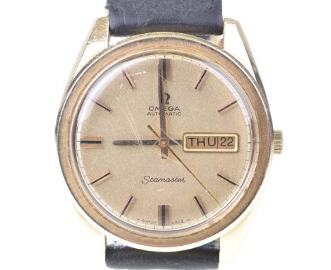 Omega: A gold plated automatic Seamaster presentation wristwatch, circa 1969The circular gold tone dial, with applied gold to