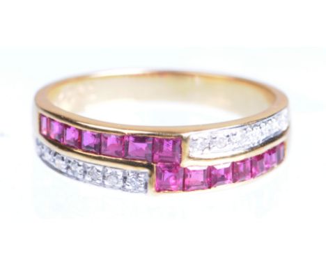 A ruby and diamond ringThe square-shaped rubies, to a stepped design, flanked by two rows of single-cut diamonds, mounted in 