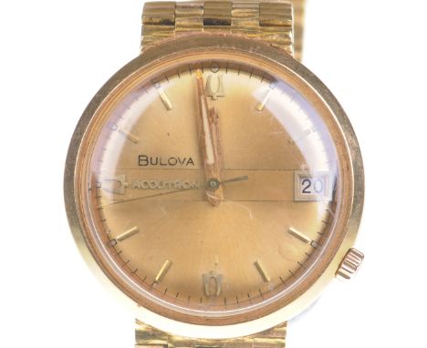 Bulova: A, 18ct gold Accutron bracelet wrist watchThe circular gold tone signed dial with applied gilt metal baton hour marke