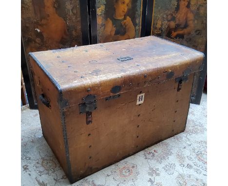 A substantial 19th century French metal bound chateau trunk, cartouche shaped makers plaque reads 'Medalle Unique 1855 German