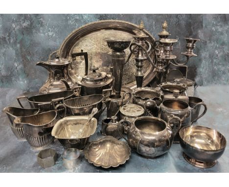 Plated Ware - teaware;&nbsp; candelabra;&nbsp; two handled tray;&nbsp; hip flask;&nbsp; etc 