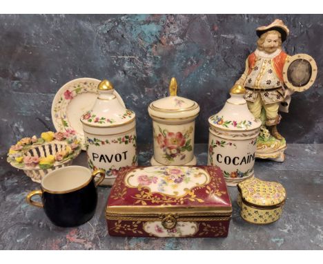 Decorative ceramics including a Limoges pharmacy jar &amp; cover marked Cocaine, hand painted; another marked Pavot; a Limoge