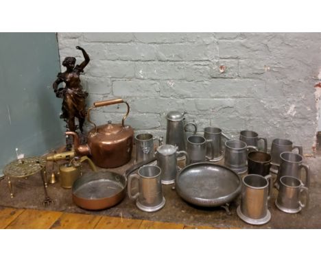 A Victorian copper kettle;&nbsp; a&nbsp; copper pan, steel handle;&nbsp; brass trivet;&nbsp;&nbsp; pewter mugs and tankard;&n