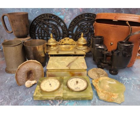 A Victorian style brass standish;&nbsp; pewter mugs;&nbsp; onyx cigarette box and barometer;&nbsp; Ross London 9 x 35 binocul