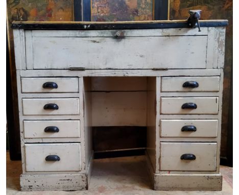 Watchmaker's Tools - an early 20th century painted pine pedestal desk, converted to a workshop bench, fitted with a small vic