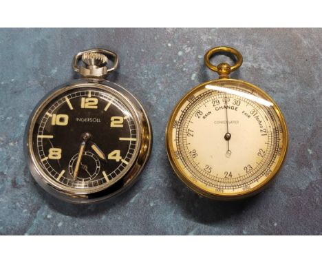 A gilt metal pocket barometer c.1920s; a Ingersoll stainless steel military style pocket watch, black dial, large illunimous 