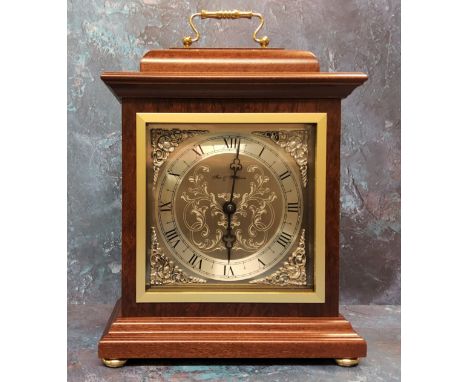 A Fox &amp; Simpson mahogany bracket clock, 8 day movement, silvered engraved dial, black Roman numerals, spandrels, 32cms hi