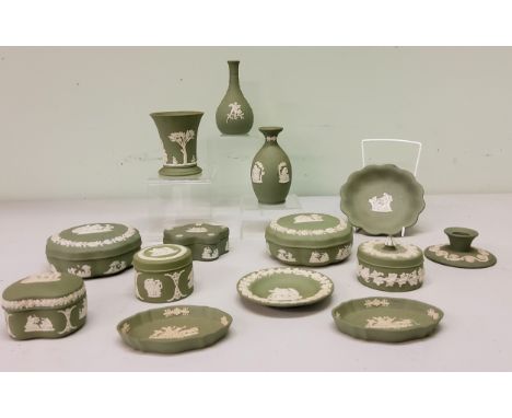 A Wedgwood green Jasperware trinket box and cover, impressed mark, 20th century;&nbsp; other green Jasperware 