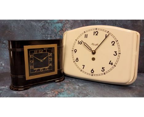 A Kienzle Art Deco ceramic wall clock, cream, brown Arabic figures, originally electric, converted to a quartz movement, impr