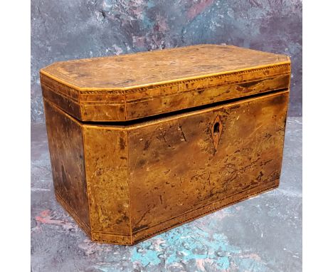 A 19th century burr walnut canted rectangular tea caddy, barberpole stringing, 19.5cm wide, c.1820 