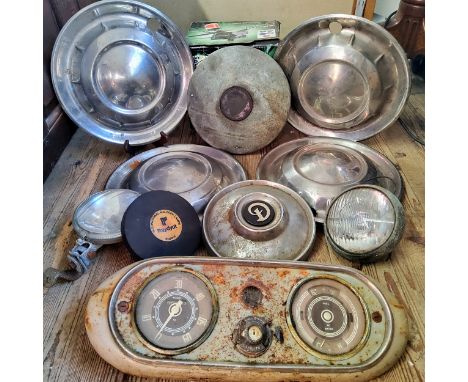Automobilia - classic car alloys; 1950's car dashboard, top speed 60 mph; Daimler alloy, Raydyot halogen head lamp with cover