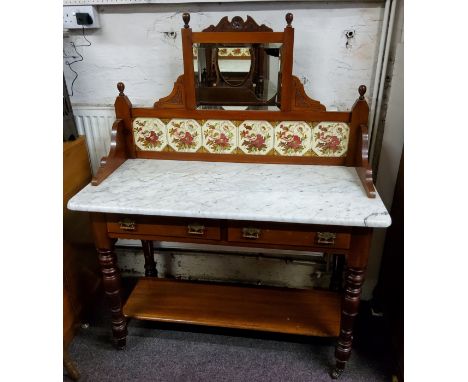 A late Victorian mahogany wash stand with Carrara marble top, mirror and tile splash back c.1900 