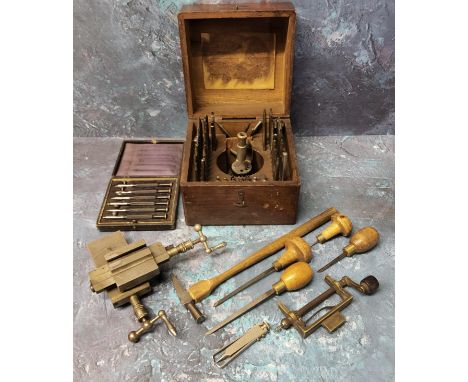 Watch Maker's Tools - An early 20th century Boley watch repair pusher press with attachments; early watch Maker's implements;