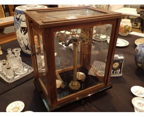 Set of wooden cased scientific balance scales 