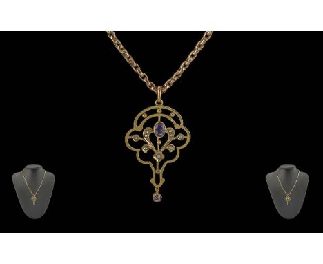 Antique Period - Ladies 9ct Gold Open Worked Amethyst and Seed Pearl Pendant Attached to a Fine 9ct Gold Chain. Both Marked f