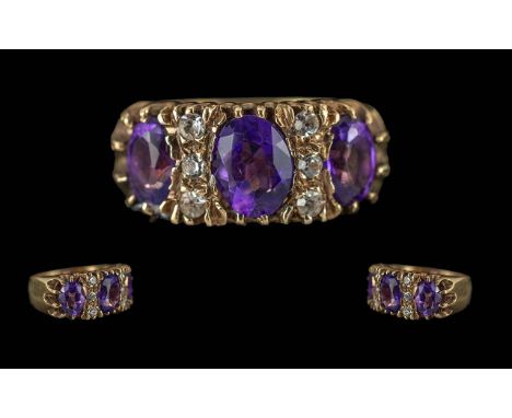 Ladies Pleasing Quality 9ct Gold Diamond and Amethyst Set Ring, Raised Claw Setting and Solid Shank. Full Hallmark to Interio