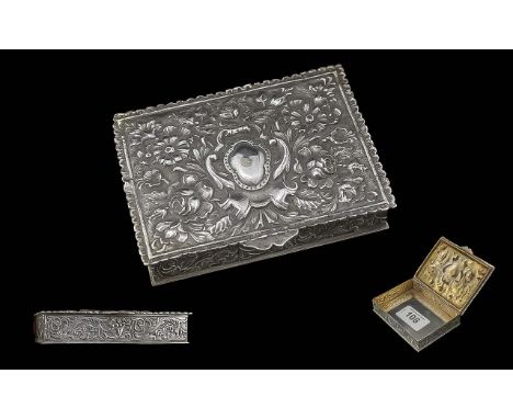 Early 20th Century Silver Hinged Snuff Box of Rectangular Form with Embossed Floral Decoration to Top Cover and Sides. Silver