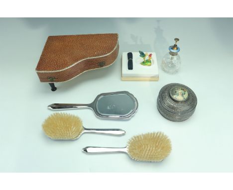 An engine-turned and basse taille enamelled electroplate dressing table set, circa 1940s, together with a similar perfume ato