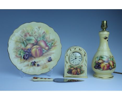 An Aynsley Orchard Gold table lamp, a clock, and a boxed cake plate, lamp 28 cm, 