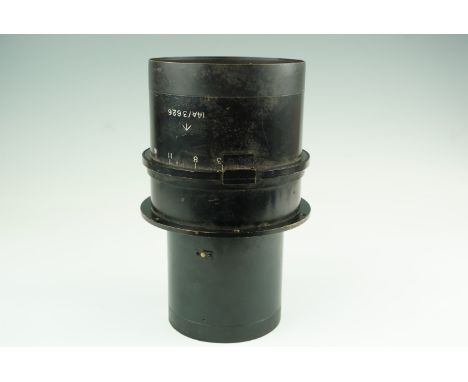 An RAF reconnaissance aircraft camera lens, stores reference 14A/3626, F. 6.3 36", 16 cm x 28 cm