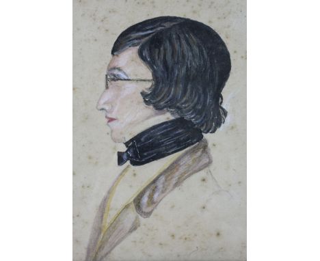 A naive Victorian profile portrait of gentleman wearing an cravat, in bevelled rosewood frame under glass, 16 cm x 17 cm 