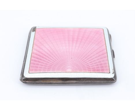 A 1920s rose engine turned, pink and white basse taille enamelled silver cigarette case, 8.5 cm x 7.5 cm, 131 g