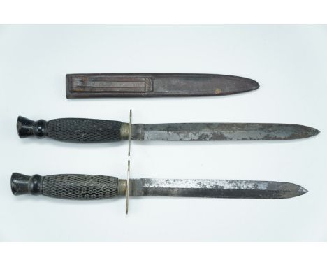 A late Victorian Sheffield hunting knife, having a "thistle-top" hilt, nickel cross guard and spear-pointed double edged blad