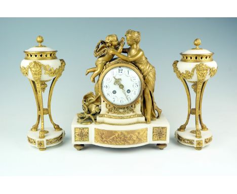 A French Belle Époque alabaster and gilt metal mantle clock, having a drum movement with an anchor escapement striking on a b