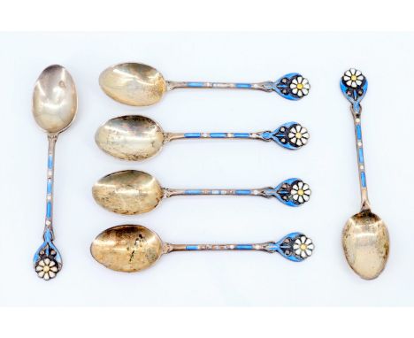 A set of six silver and enamel coffee spoons, Turner &amp; Simpson Ltd, Birmingham, 1926