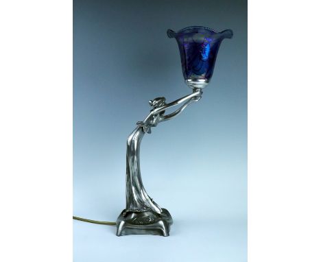 A reproduction Art Nouveau figural table lamp, having a marbled glass shade, 47 cm