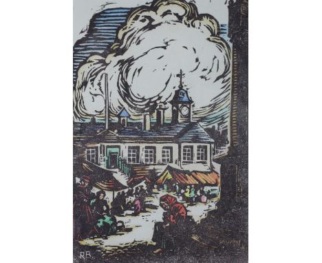 R Beaty "Carel Cross", a lithographic print with watercolour wash depicting Carlisle Market Cross, signed card mounted in fra