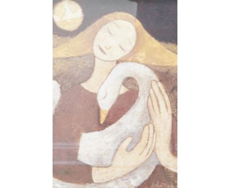 Helen Tabor (Contemporary, Scottish) "Girl with a Swan", a serene, textured, portrait of a girl cradling a swan under the lig