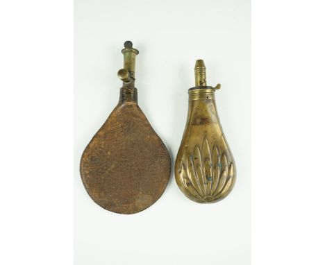 A Victorian Sykes powder flask together with a leather shot pouch