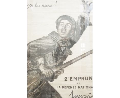 Original World War One French War loan poster, depicting a enthusiastic soldier clutching his rifle, lithographic print, sign