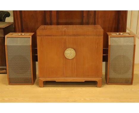 A 1960s Hong Kong retailed teak music cabinet containing a Leak Stereo One Stereo pre-amplifier, Leak Stereo 20 valve amplifi