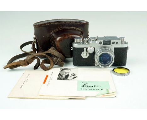 A Leica IIIg Rangefinder 35mm camera, 1957, chrome, with Leitz Elmar f=5cm 1:2.8 50mm lens (serial number 1495030), Leitz Elm