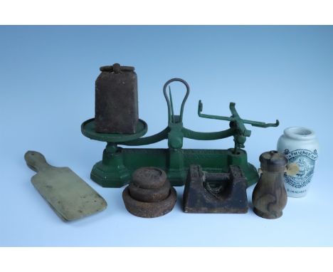 A group of kitchenalia, comprising a set of brass kitchen scales and weights, butter pats, and a Stranraer cream pot